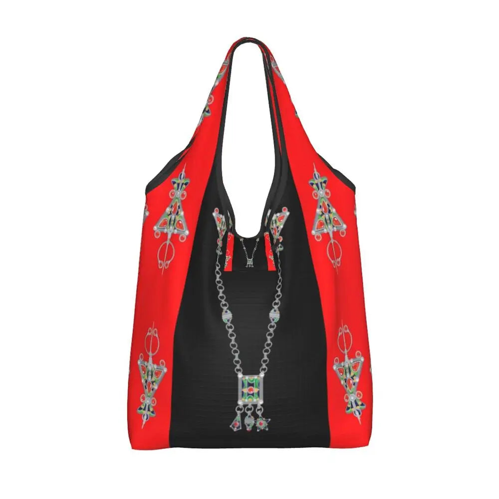 Custom Kabyle Jewelry Shopping Bags Women Portable Large Capacity Groceries Amazigh Carpet Berber Shopper Tote Bags