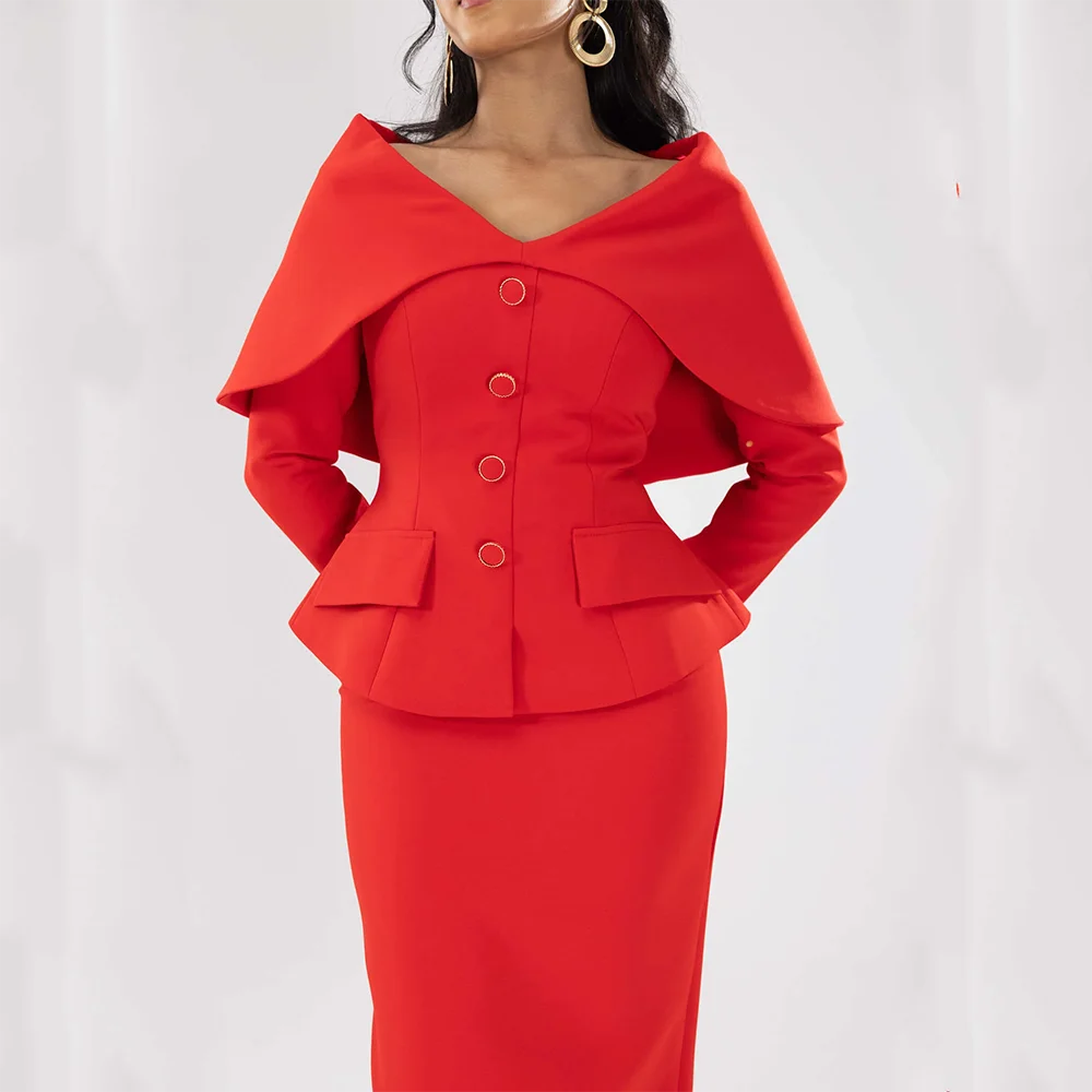 Red Simple Evening Dreeses with Button Cloak Long Sleevles Prom Gowns Customized Straight Ankle Lenght Wedding Guest Party Dress