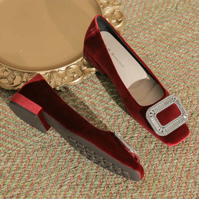 Women's square-toed chunky-heeled flat shoes2026New autumn and winter black suede party comfortable and elegant rhinestone shoes