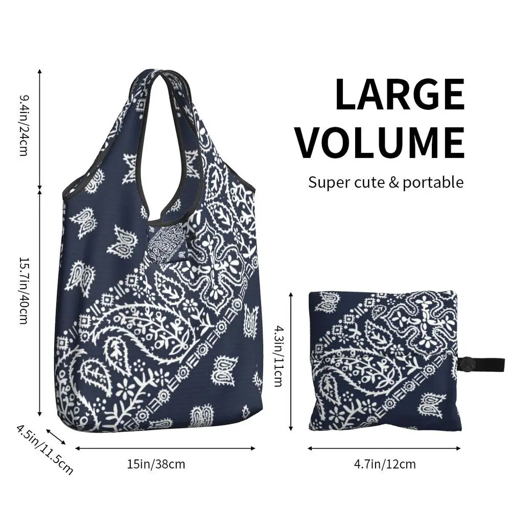 Funny Black Bandana Pattern Shopping Tote Bag Portable Paisley Style Groceries Shopper Shoulder Bag