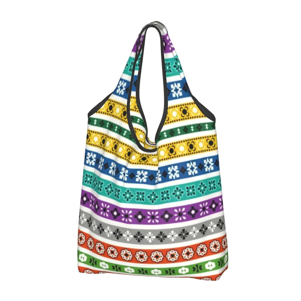 Funny Black Bandana Pattern Shopping Tote Bag Portable Paisley Style Groceries Shopper Shoulder Bag