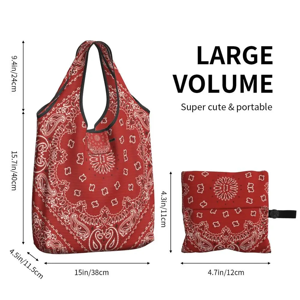 Funny Black Bandana Pattern Shopping Tote Bag Portable Paisley Style Groceries Shopper Shoulder Bag
