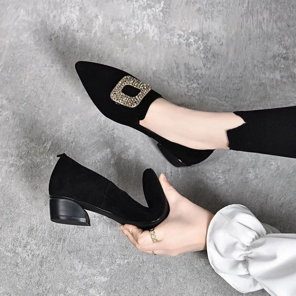 Diamond Shoes for Women Block Heel Pointed Toe Moccasins Woman Pumps Korean Style Casual Footwear Summer 2025 Vacation Popular