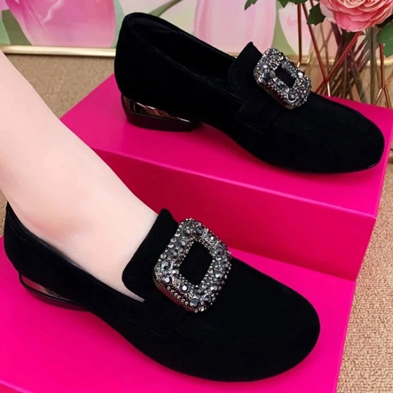 Round-toe chunky heel shoes2025New autumn style women's slip-on shoes with rhinestones, soft sole, suede, low-cut, versatile sho