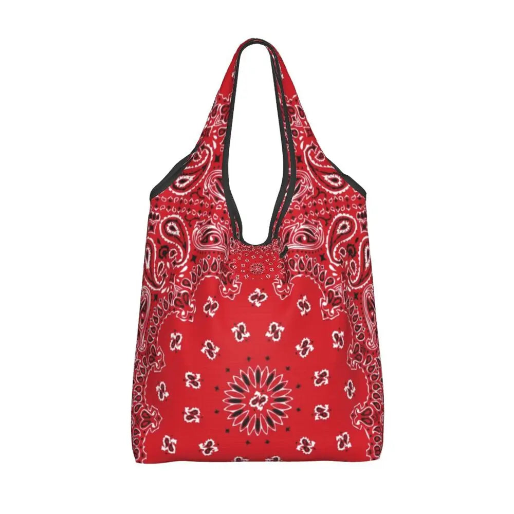 Funny Black Bandana Pattern Shopping Tote Bag Portable Paisley Style Groceries Shopper Shoulder Bag