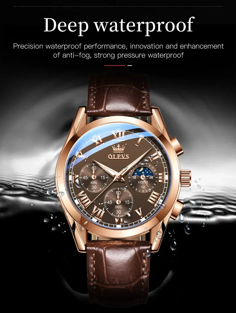 OLEVS 2871 Men Watch Quartz Watch Multifunctional Chronograph Watch Man Waterproof Luminous Moon Phase Watch
