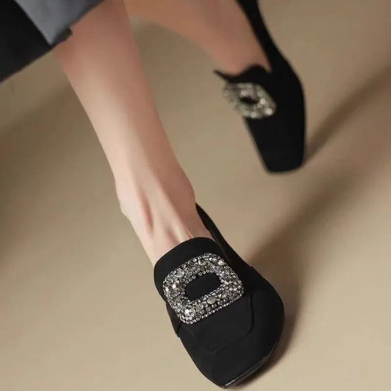 Autumn Winter New Women Loafers Low Heels Boat Shoes Square Toe Dress Shoes Chain Faux Suede Plush Warm Ladies Shoes Plus Size