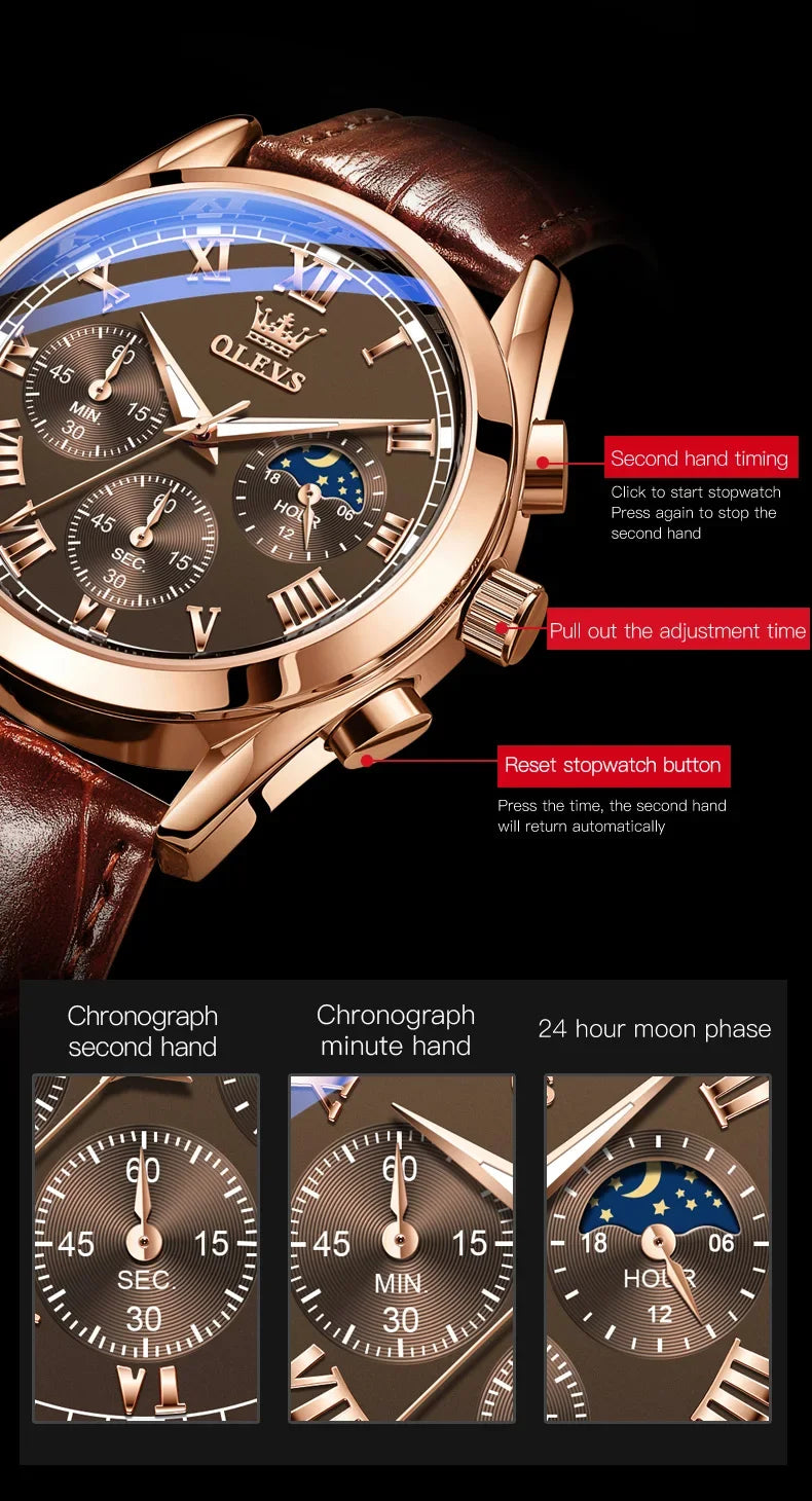 OLEVS 2871 Men Watch Quartz Watch Multifunctional Chronograph Watch Man Waterproof Luminous Moon Phase Watch