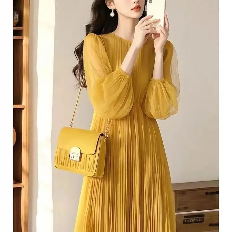 French Dress for Women with Exquisite High-end Feel Loose Slim Blue Chiffon Round Neck Long-sleeved Skirt