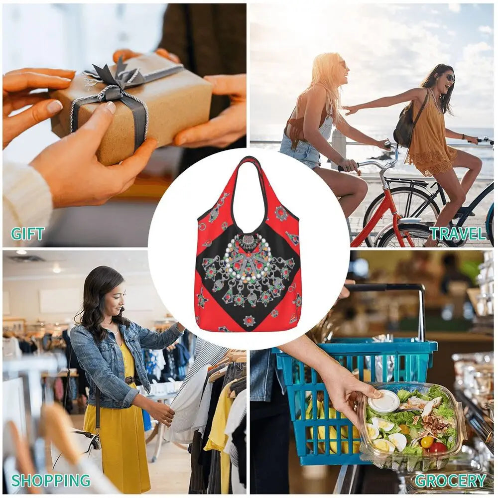 Custom Kabyle Jewelry Shopping Bags Women Portable Large Capacity Groceries Amazigh Carpet Berber Shopper Tote Bags