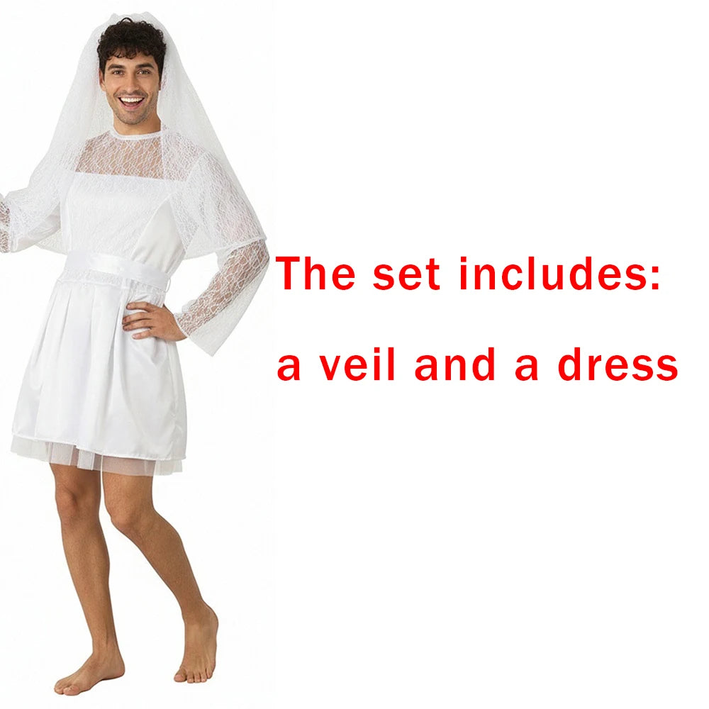 Men's White Wedding Dress Male White Bride Costume Funny and Creative Costume for Bachelor Parties Halloween and Other Parties