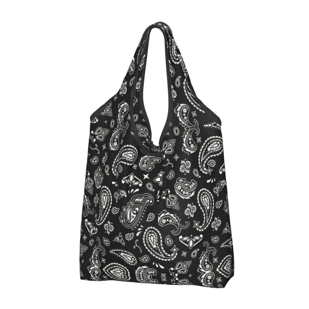 Funny Black Bandana Pattern Shopping Tote Bag Portable Paisley Style Groceries Shopper Shoulder Bag