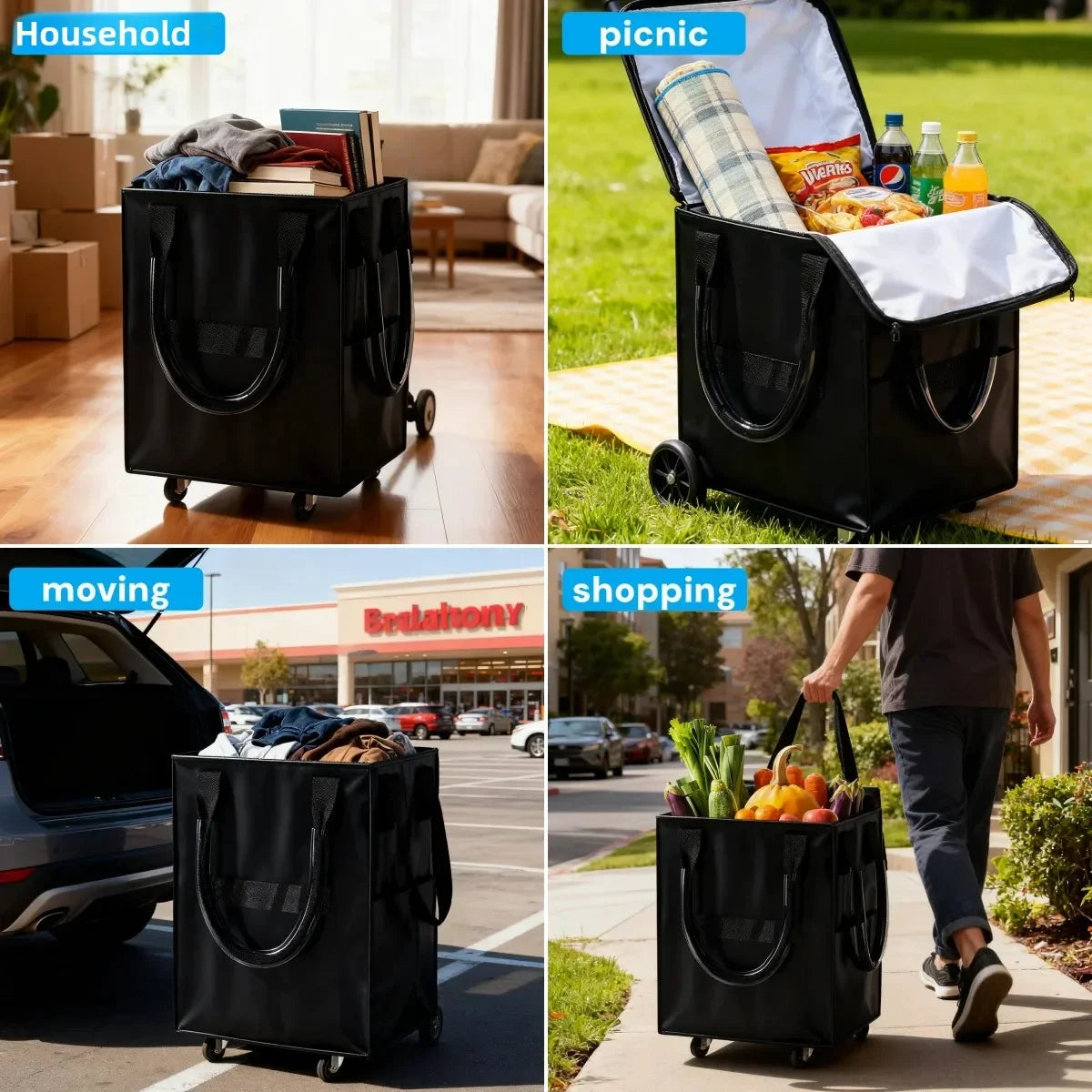 Reusable Grocery Bags on Wheels, Rolling Tote Bag, Shopping Trolley, Large Backpack Shopping Carts for Groceries