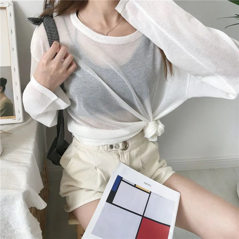 Sheer T-shirts Women Summer Sun-proof Cool Breathable Long Sleeve T Shirt Solid Loose All-match See Through Sun Protection Top