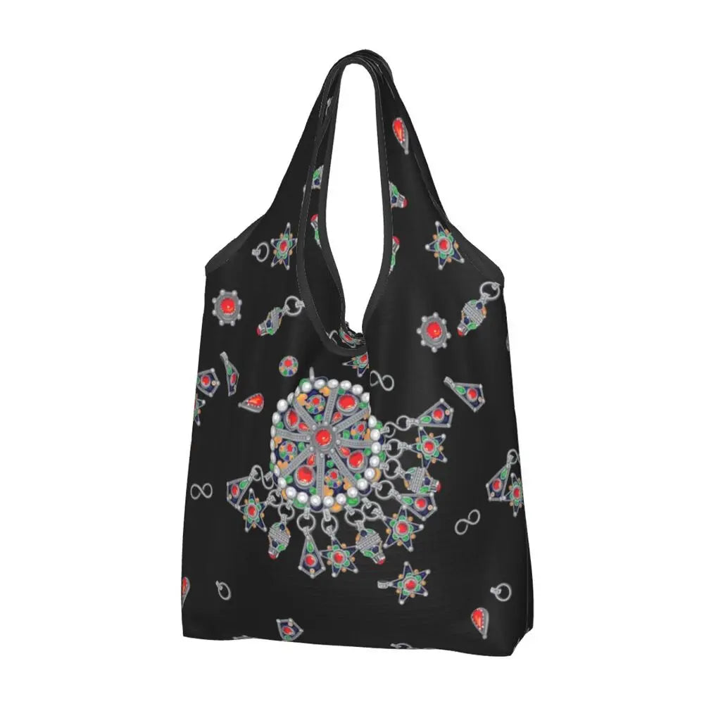 Custom Kabyle Jewelry Shopping Bags Women Portable Large Capacity Groceries Amazigh Carpet Berber Shopper Tote Bags