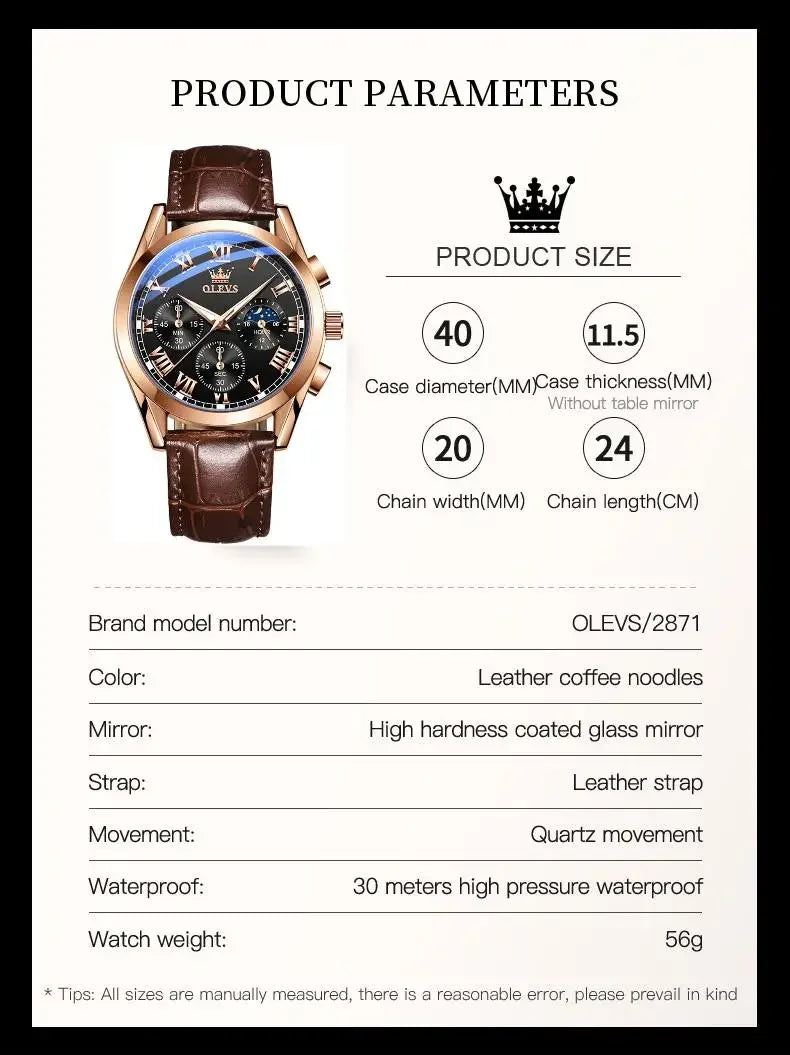 OLEVS 2871 Men Watch Quartz Watch Multifunctional Chronograph Watch Man Waterproof Luminous Moon Phase Watch