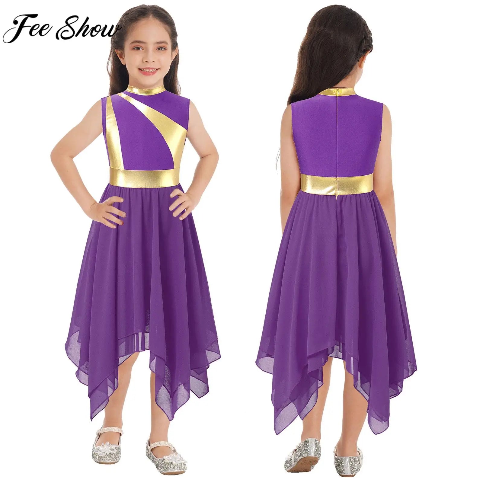 Teen Girls Modern Lyrical Ballroom Dance Performance Costume Sleeveless Asymmetrical Hem Dress Church Choir Worship Robe Gown