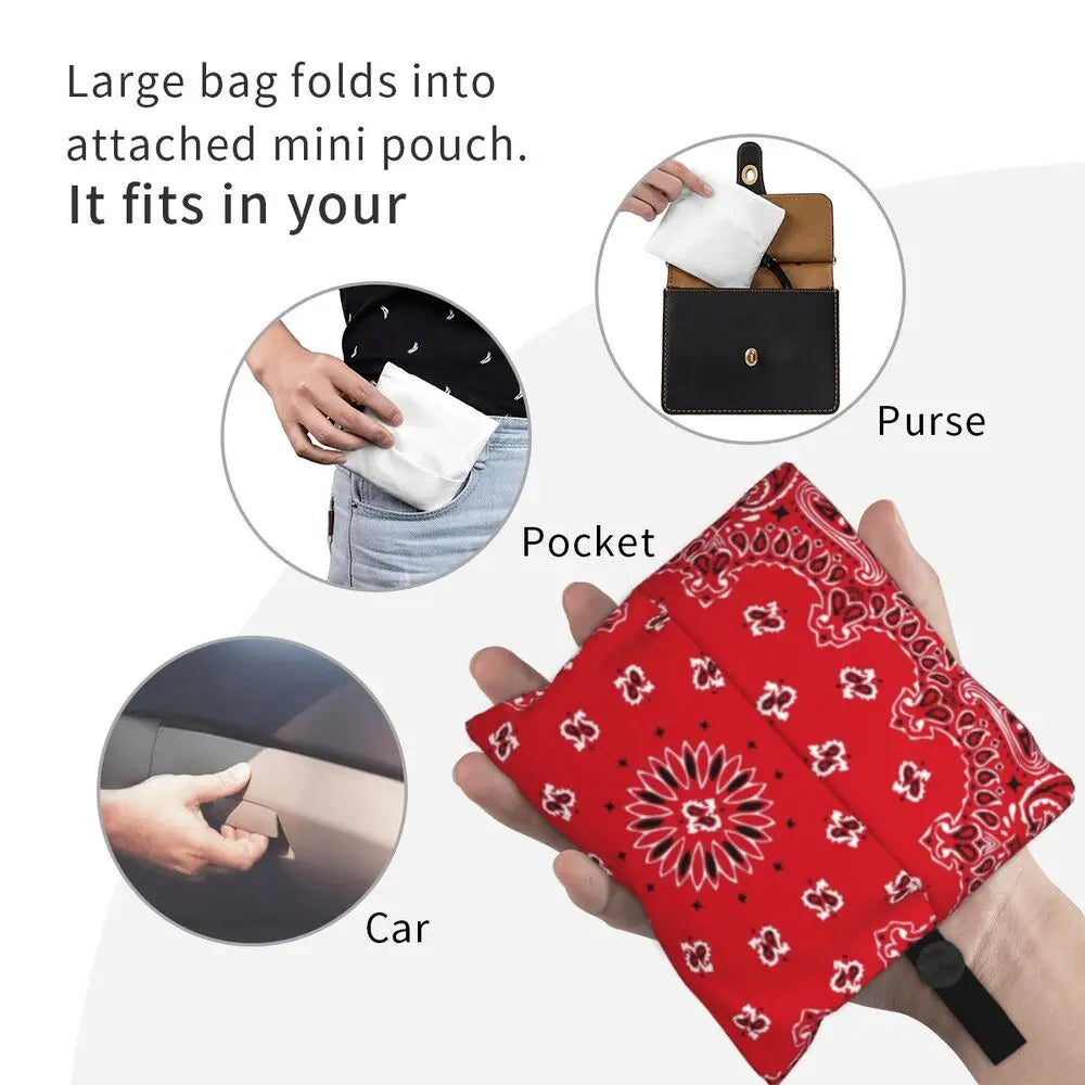 Funny Black Bandana Pattern Shopping Tote Bag Portable Paisley Style Groceries Shopper Shoulder Bag