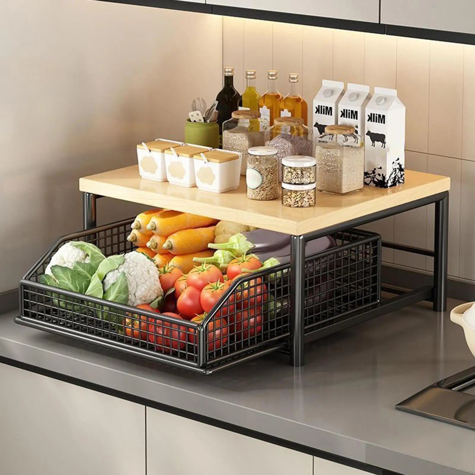 Kitchen Storage Rack Standing Shelf with Drawer for Fruits Vegetables Microwave Oven Pots Dishes Spices Organizer Home Apartment