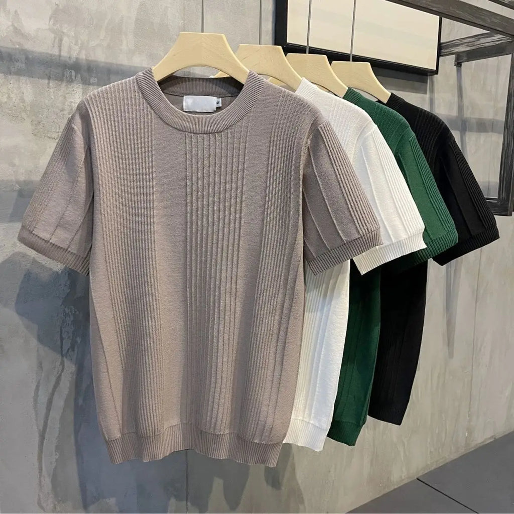 Short-sleeved T-shirt for Men Striped Crochet Knitwear Retro Solid Luxury T-Shirts Slim Stylish Spring Summer Cool Casual Shirt