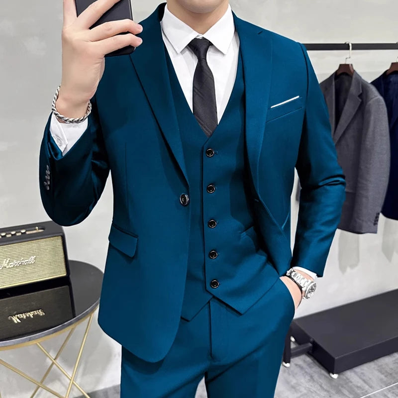 Groom's Wedding Dress ( Jacket + Vest + Pants ) High End Brand Solid Color Men's Casual Business Office Formal Suit 3Pcs Sets