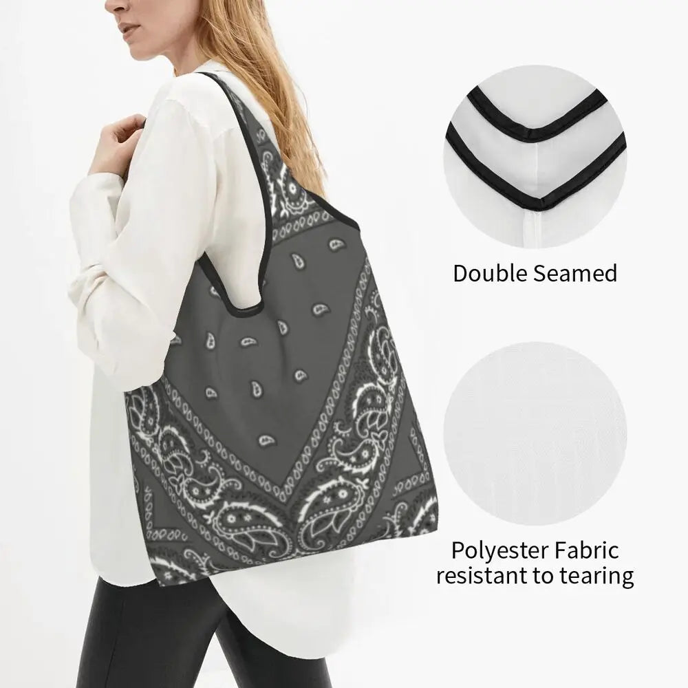 Funny Black Bandana Pattern Shopping Tote Bag Portable Paisley Style Groceries Shopper Shoulder Bag