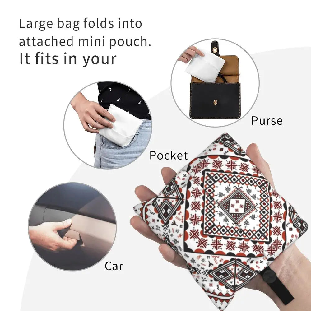 Custom Kabyle Jewelry Shopping Bags Women Portable Large Capacity Groceries Amazigh Carpet Berber Shopper Tote Bags