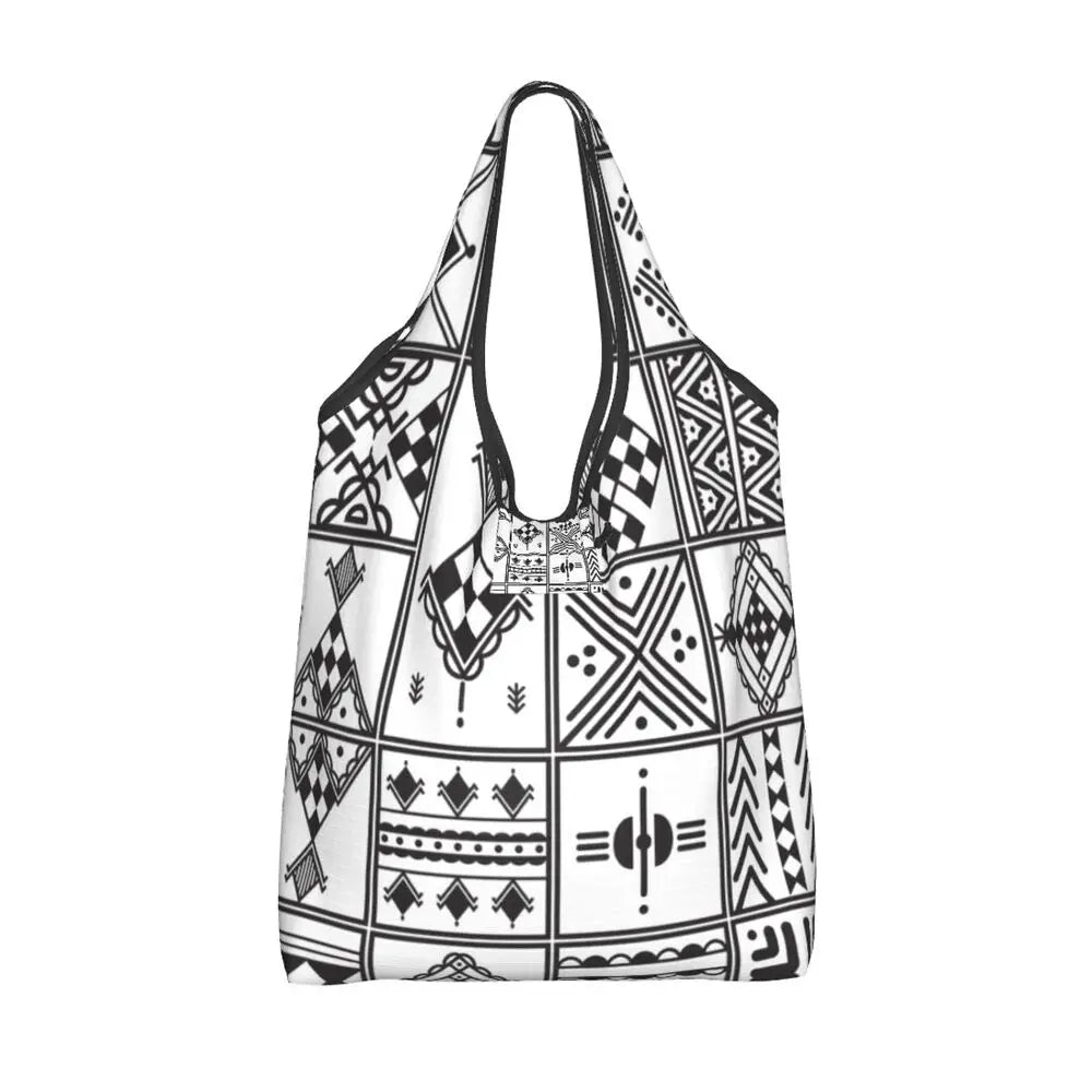 Custom Kabyle Jewelry Shopping Bags Women Portable Large Capacity Groceries Amazigh Carpet Berber Shopper Tote Bags