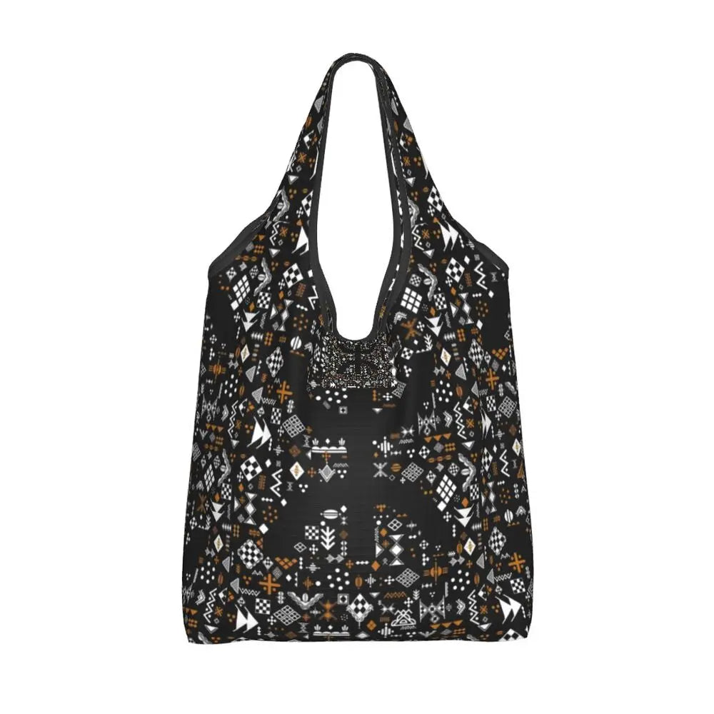 Custom Kabyle Jewelry Shopping Bags Women Portable Large Capacity Groceries Amazigh Carpet Berber Shopper Tote Bags