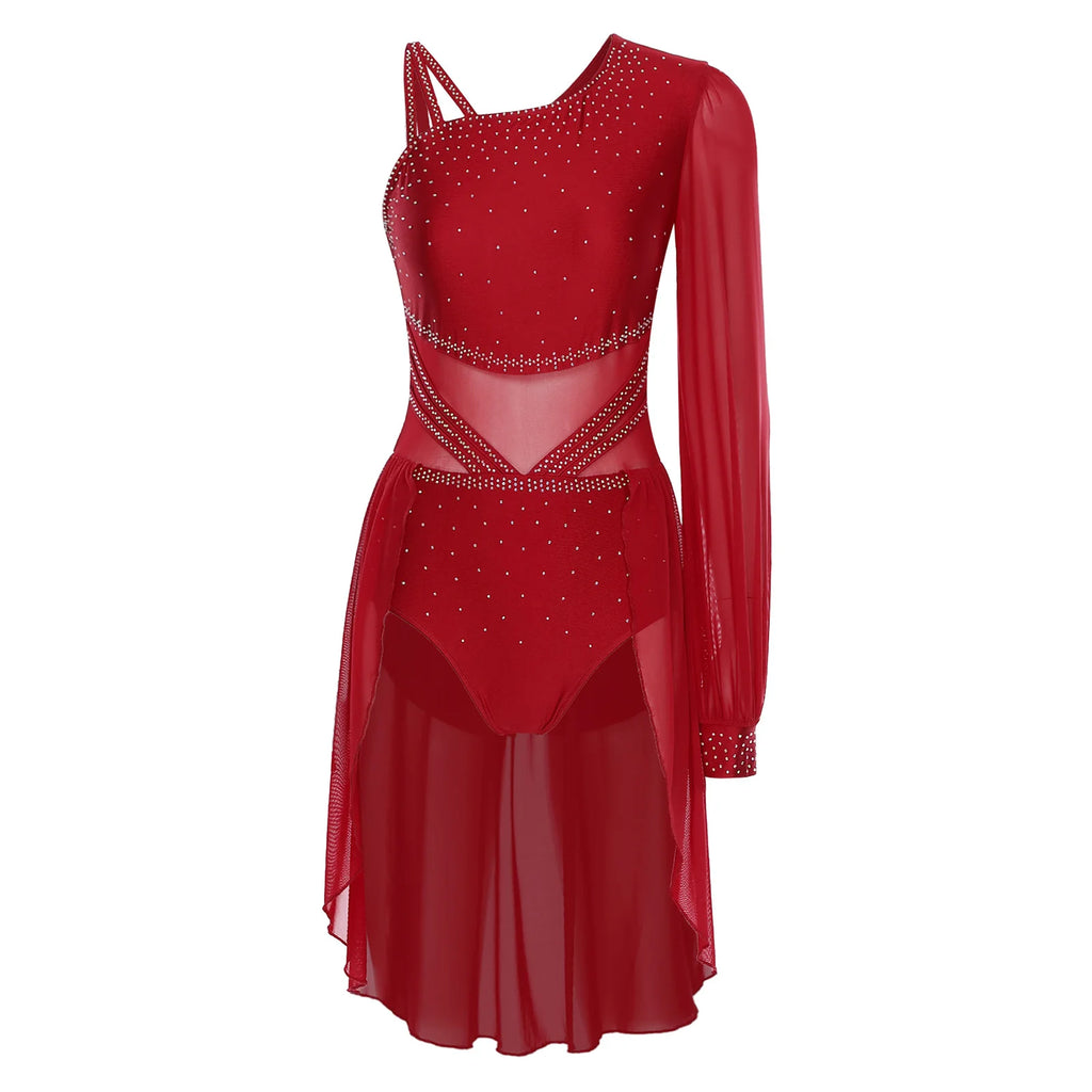 Women Latin Dress Lyrical Modern Dancing Costume Fashion One-shoulder Single Sleeve Rhinestone Press Button Design Rhythm Dress