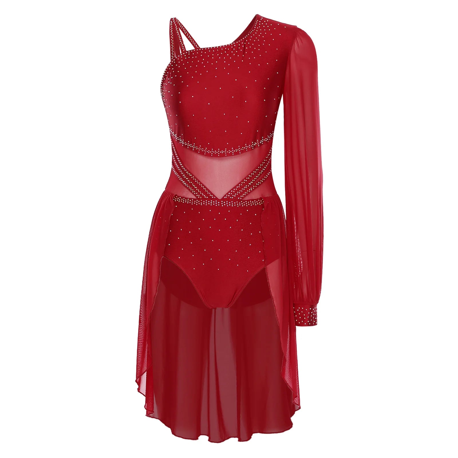 Women Latin Dress Lyrical Modern Dancing Costume Fashion One-shoulder Single Sleeve Rhinestone Press Button Design Rhythm Dress