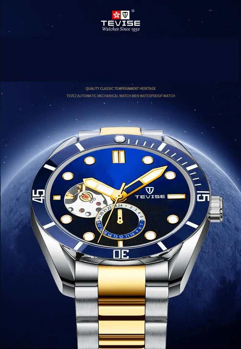 TEVISE Watch Automatic Mechanical Movement Fashion Stainless Steel Strap Skeleton Watch Luminous 24 Hour Wristwatch Waterproof