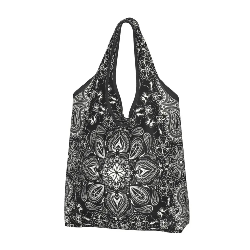 Funny Black Bandana Pattern Shopping Tote Bag Portable Paisley Style Groceries Shopper Shoulder Bag