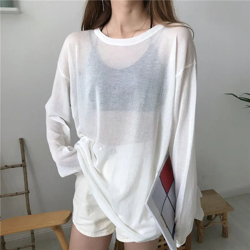 Sheer T-shirts Women Summer Sun-proof Cool Breathable Long Sleeve T Shirt Solid Loose All-match See Through Sun Protection Top