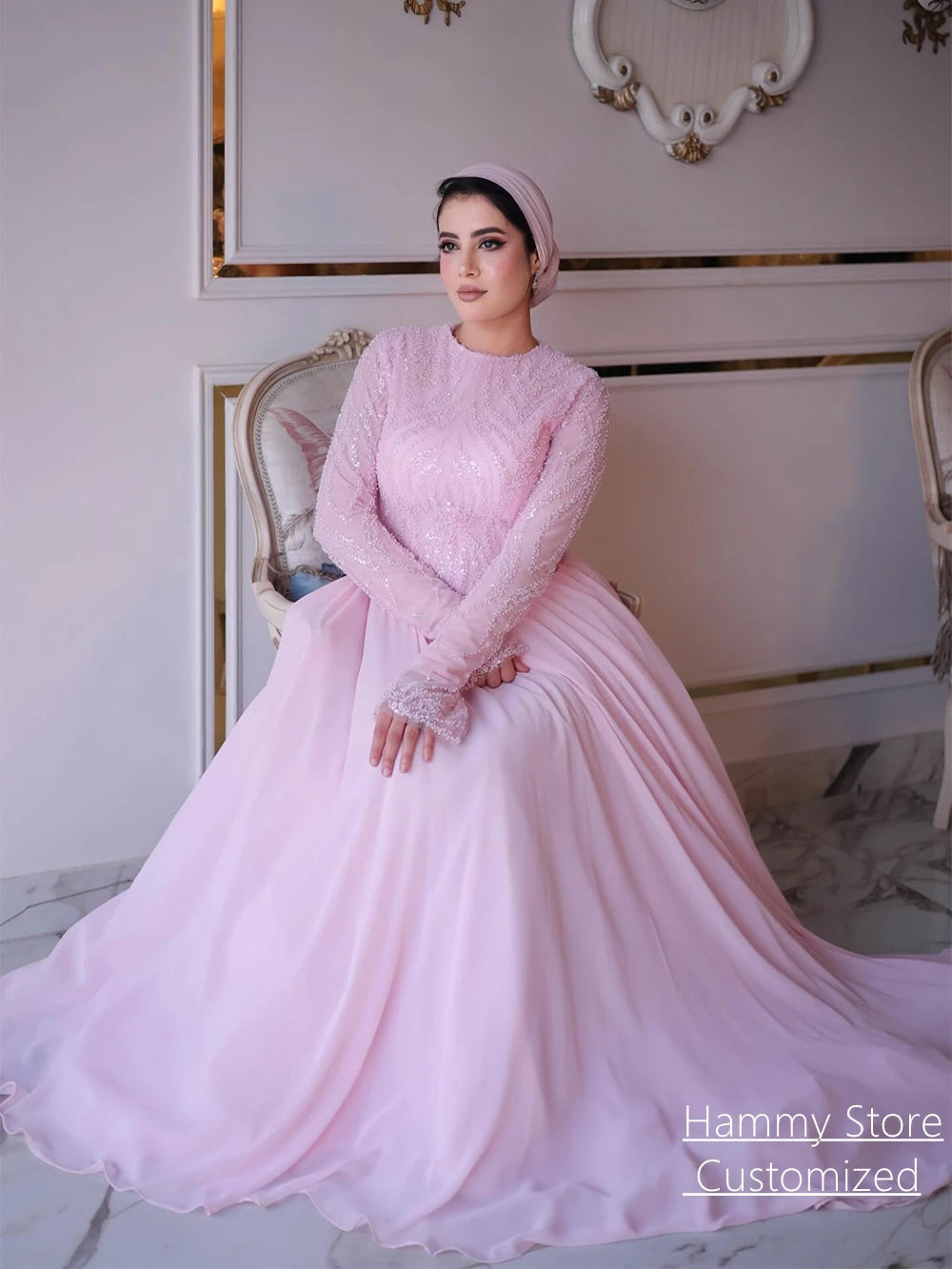 Customized Arabic Evening Dress Modest Round Neck Long Sleeves Beading Sequined Chiffon Saudi Prom Gown Engagement Dresse