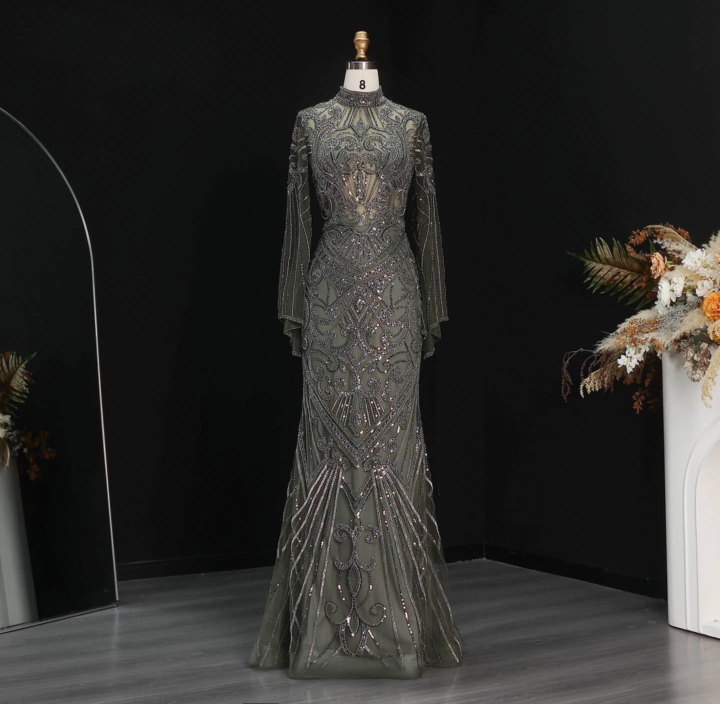 Sharon Said Dubai Black Evening Dress Geometric Beaded Pattern Long Flare Sleeve شارون سعيد Women Formal Prom Gown SS055 Custom