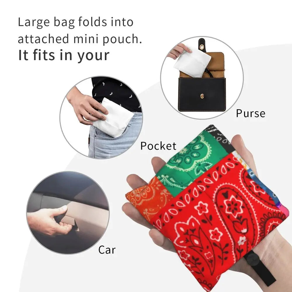 Funny Black Bandana Pattern Shopping Tote Bag Portable Paisley Style Groceries Shopper Shoulder Bag