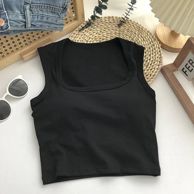 Pure Cotton Square Neck Vest for Women with Chest Pad Sling Bottoming Sexy Short Top Tank Top Women Wholesale 여성용 조끼