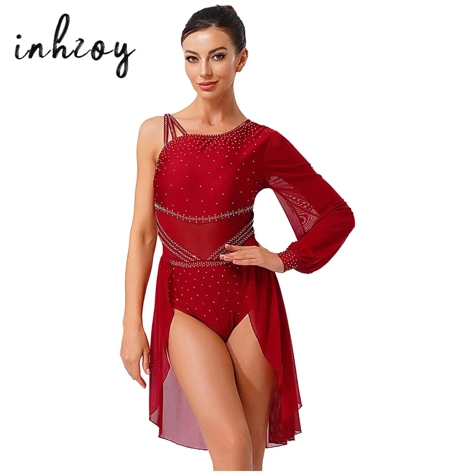 Women Latin Dress Lyrical Modern Dancing Costume Fashion One-shoulder Single Sleeve Rhinestone Press Button Design Rhythm Dress