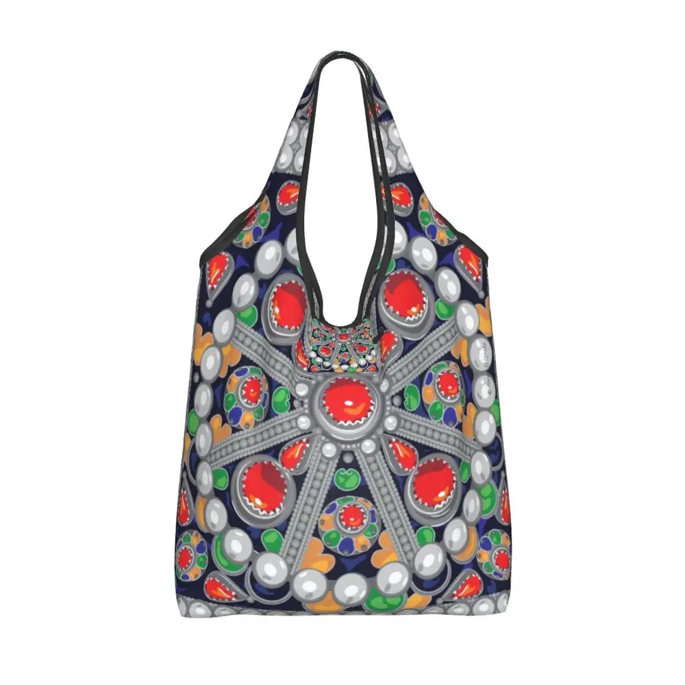 Custom Kabyle Jewelry Shopping Bags Women Portable Large Capacity Groceries Amazigh Carpet Berber Shopper Tote Bags
