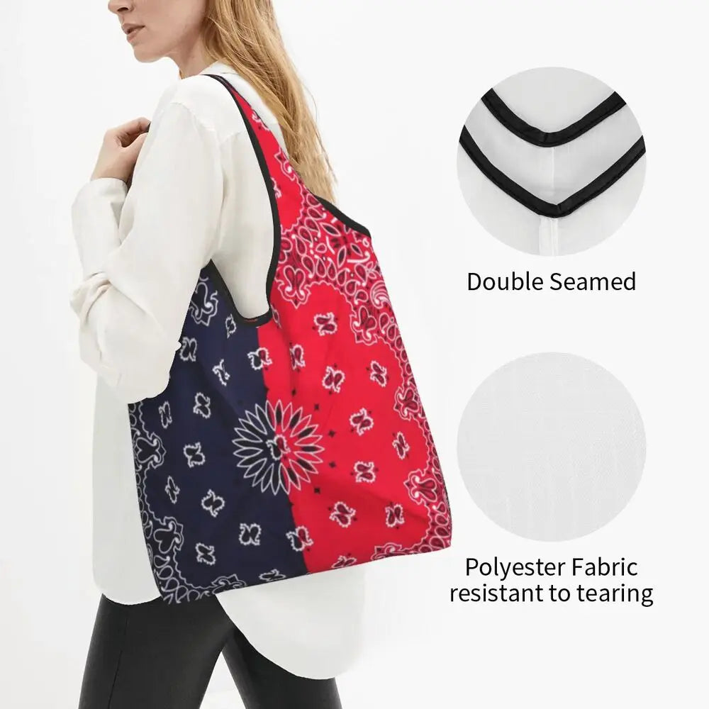 Funny Black Bandana Pattern Shopping Tote Bag Portable Paisley Style Groceries Shopper Shoulder Bag