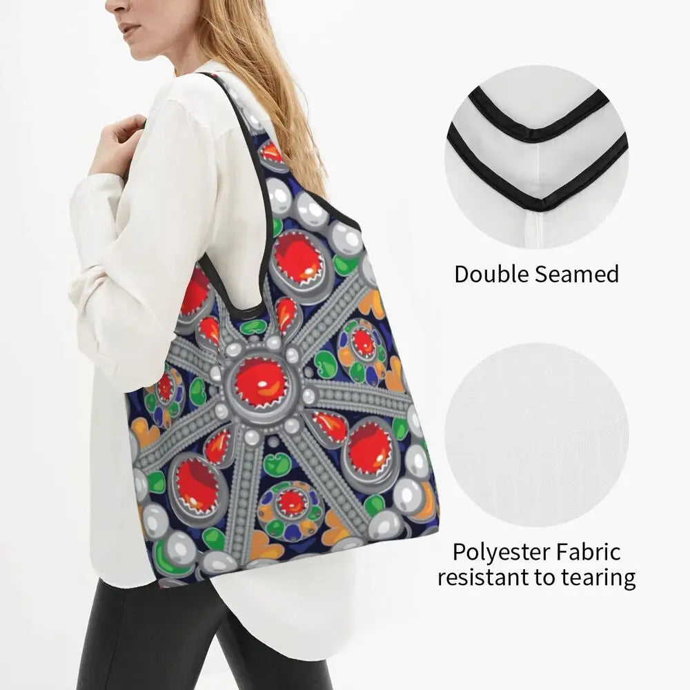 Custom Kabyle Jewelry Shopping Bags Women Portable Large Capacity Groceries Amazigh Carpet Berber Shopper Tote Bags