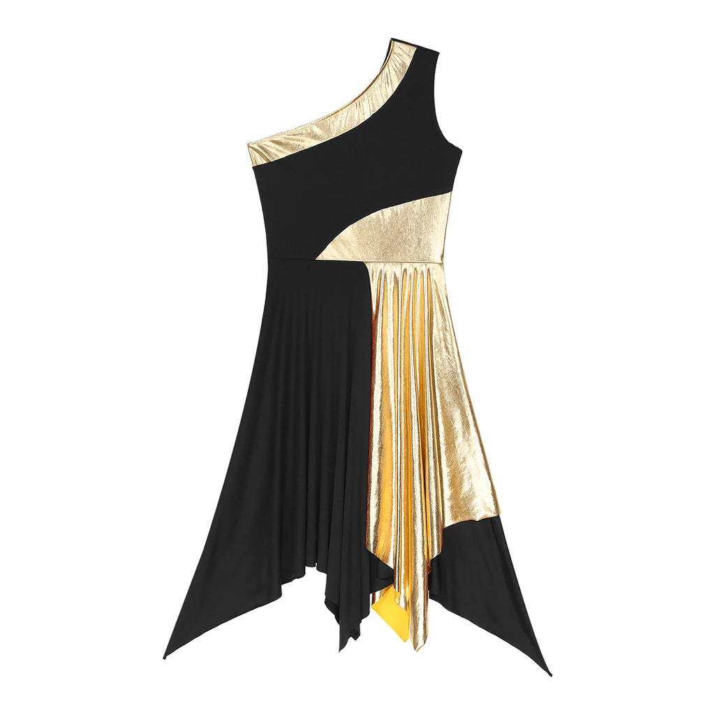 Women Modern Lyrical Dance Dress One Shoulder Irregular Hem Ballroom Waltz Dancewear for Church Choir Worship Praise Liturgical