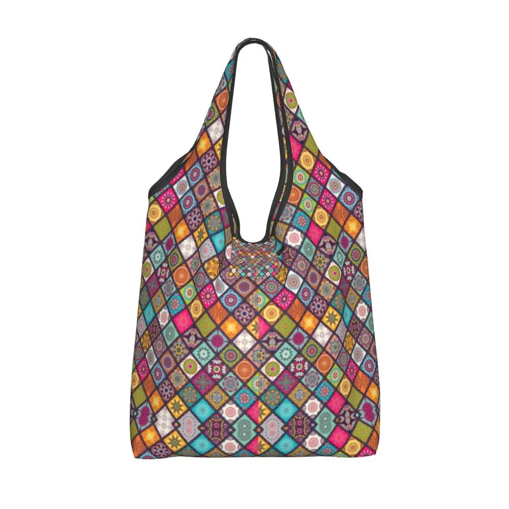 Funny Black Bandana Pattern Shopping Tote Bag Portable Paisley Style Groceries Shopper Shoulder Bag