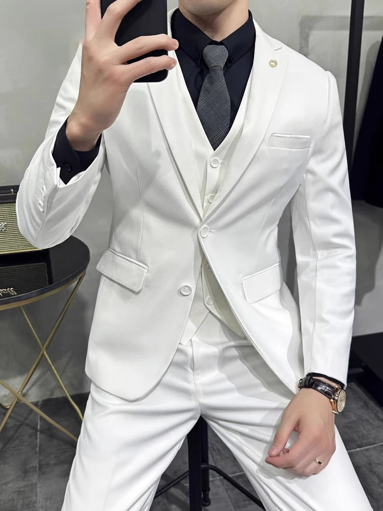 Groom's Wedding Dress ( Jacket + Vest + Pants ) High End Brand Solid Color Men's Casual Business Office Formal Suit 3Pcs Sets