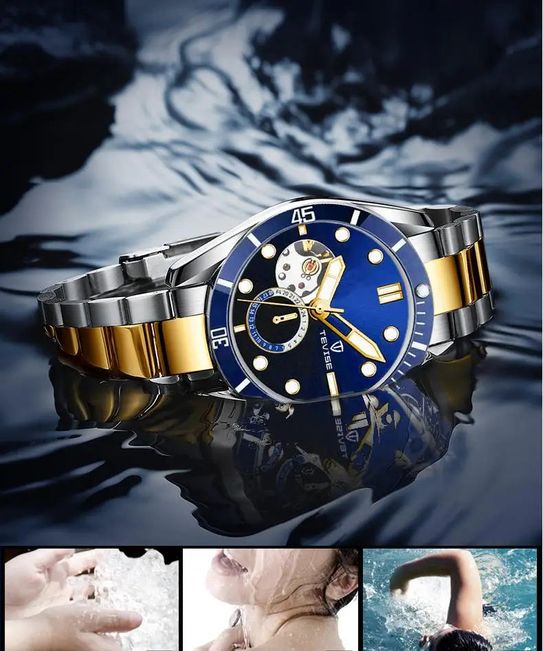 TEVISE Watch Automatic Mechanical Movement Fashion Stainless Steel Strap Skeleton Watch Luminous 24 Hour Wristwatch Waterproof