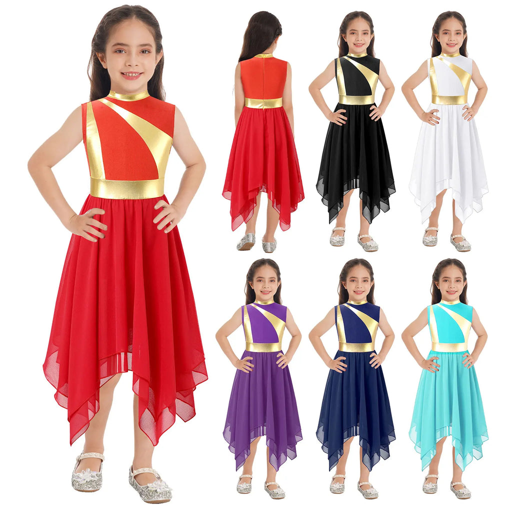 Teen Girls Modern Lyrical Ballroom Dance Performance Costume Sleeveless Asymmetrical Hem Dress Church Choir Worship Robe Gown
