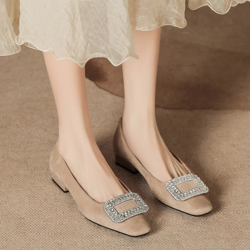 New autumn and winter women's shoes, wedding shoes with rhinestones, women's suede chunky heel shallow soft low-cut daily