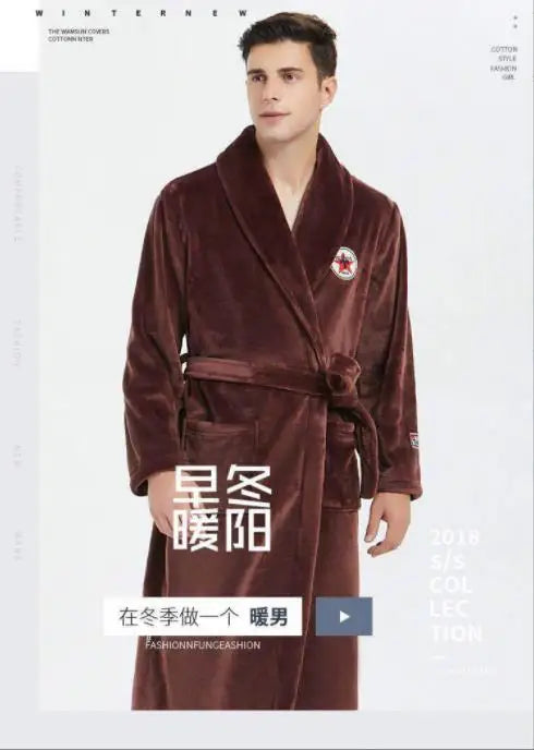 Autumn Winter Nightdress Blue Men Casual Coral Fleece Sleepwear Warm Couple Home Wear Flannel Belt Pyjamas Kimono Bathrobe Gown
