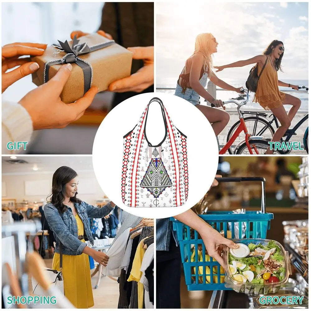 Custom Kabyle Jewelry Shopping Bags Women Portable Large Capacity Groceries Amazigh Carpet Berber Shopper Tote Bags